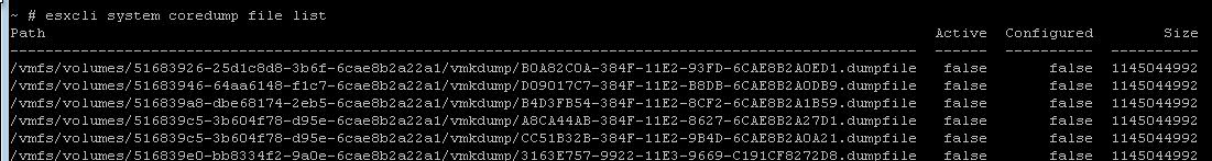 esxcli list Coredumps